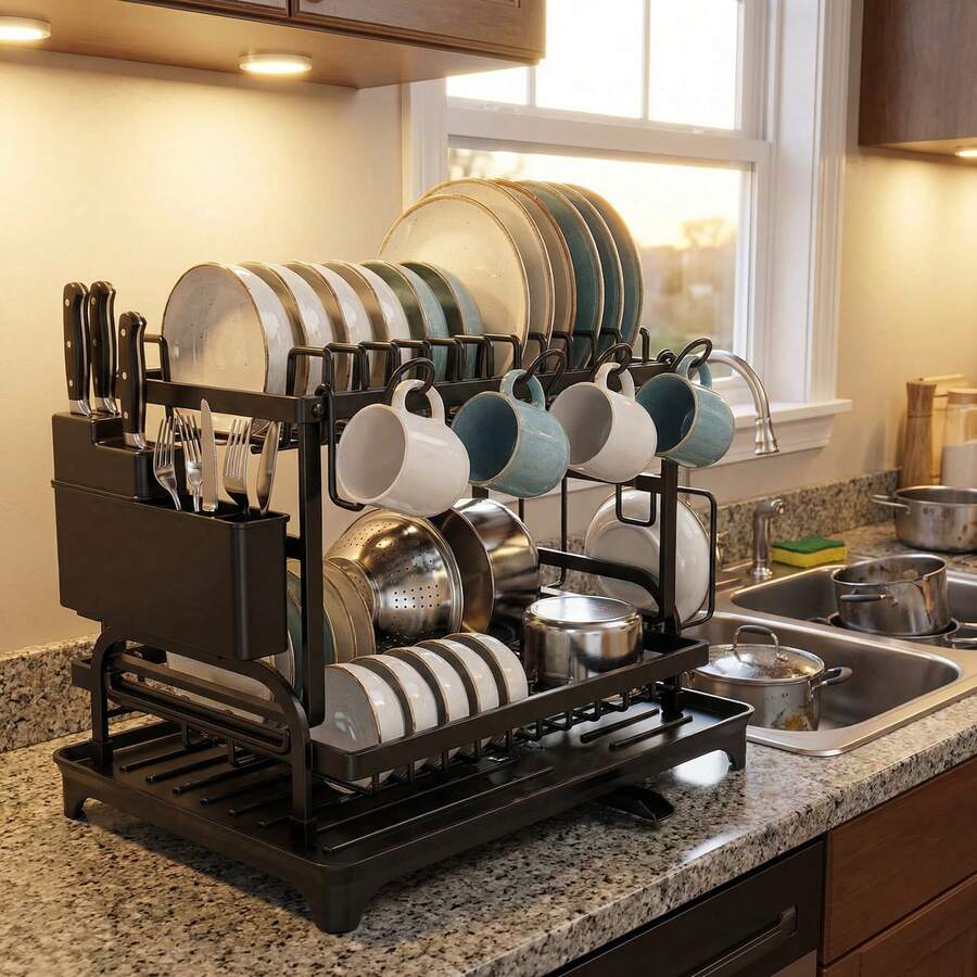 HanTai 2 Tier Dish Drying Rack For Kitchen Counter - Large Dish Drainer With Drainboard & Utensil Holder, Extendable Spout Strainers, Knife Slots, And Cup Organizer (Black)