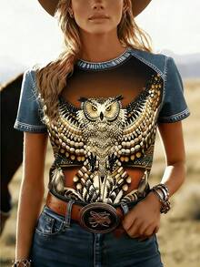 Western Style 2026 New Arrivals Women's Fashion: Bohemian Owl, Versatile Animal And Geometric Prints, Round Neck, Short-Sleeve Casual T-Shirt Summer - Multicolor - View 3