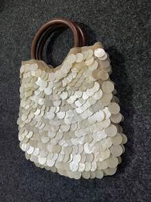 Fashionable Double-Sided Shell Decor Beaded Metal Chain Crossbody Handbag, Suitable For Beach, Vacation, Travel, Shopping - Beige - View 5