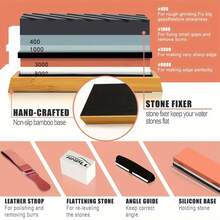 Bộ mài dao 4 mặt, đá mài 400/1000 & 3000/8000 grit với đế tre chống trượt, dây da mài, đá làm phẳng và thước đo góc, dụng cụ mài dao nhà bếp. - Nhiều màu - Xem 7