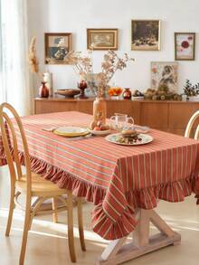 1pc Caramel Striped Ruffled Tablecloth, Modern Minimalist Household Dining Table Cover, Square Dust-Proof Cloth Suitable For Restaurant, Living Room, Kitchen Decor - Caramel - View 4