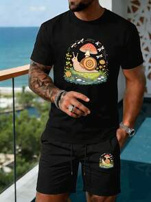 Snail Mushroom Print Summer Shorts Set ,Men's Summer Casual Short-Sleeved T-Shirt And Drawstring Shorts Two-Piece Set, Versatile, Stylish, Loose And Comfortable Clothing. - 黑色 - 查看 1
