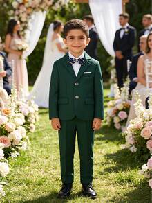 Bộ 3 món/Bộ trang phục vest mới nhất cho bé trai: Áo khoác Blazer + Quần dài + Nơ cho đám cưới, buổi độc tấu piano, lễ cưới - màu xanh lá - Xem 2