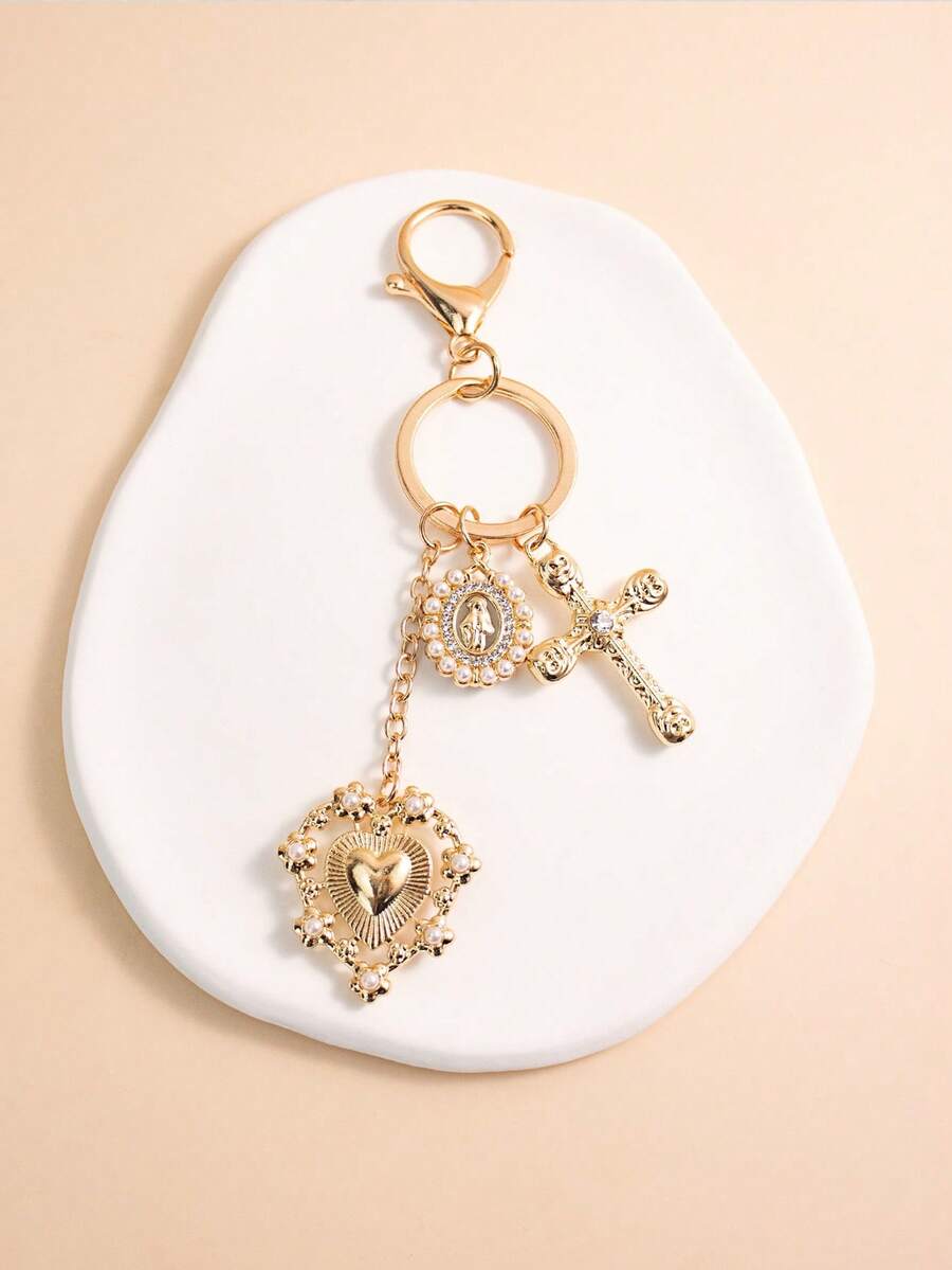 1pc Gold Plated Faux Diamond & Pearl Cross Keychain Pendant, Heart, Bow Knot, Figure Charm, Creative Keychain Decor Accessory - Ideal Birthday Gift, Party Favor, Holiday Present - Multicolor - View 1