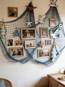 1pc Fishing Net Decor, Suitable For Parties, Starfish & Shell Fishing Net Decoration, Natural Cotton Fishing Net Wall Decor, Hawaiian Party Fishing Net Decor, Fishing Net Party Supplies And Ocean Theme Wall Decoration, Suitable For Hawaiian, Party, Home Decor And Boho Style Decoration - Blue - View 3