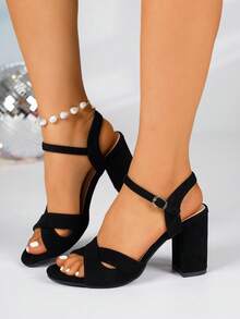 Summer New Black Thick Heel Sandals Women, French Retro Suede Criss-Cross High Heel Shoes 8.5cm, Increased Height Square Toe Slip-On Sandals, Commuting, Party, Dating Versatile Shoes, Soft Bottom Non-Slip Comfortable, Niche Design Elegant Fairy Shoes, Suitable For Daily Commute And Casual Wear - Black - View 1