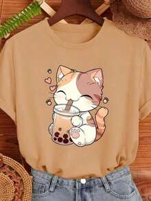 Women's Cute Cat Milkshake Printed T-Shirt, Cotton, Casual, Comfortable - 米色 - 查看 2