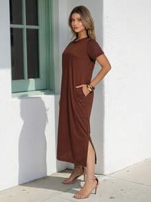 Comfortable Women's Midi Dress With Practical Pocket And Side Slit - Casual And Elegant - 深棕色 - 查看 5