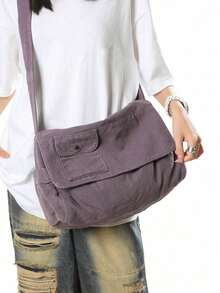 Vintage Minimalist Flip Cover Shoulder Bag Thick Washed Canvas Bag Casual Versatile Large Capacity American Messenger Bag College University Student School Backpack Short Trip Travel Bag Simple Street Style Multi-Pocket , Purple - 黑色 3 - 查看 5