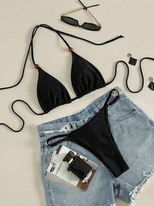 Women's Bikini Set, 2-Piece Solid Color Swimwear, Triangle Halter Top With High Leg Thong Bottom, Sexy Summer Beachwear, Ladies' Holiday Swimwear Vacation Black - Black - View 2