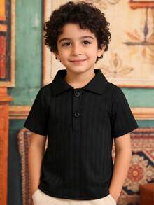 Baby Boy Black Ribbed Collar Short Sleeve Polo Shirt, Spring/Summer - Black - View 3