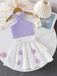 Girls' Ribbed Contrast Collar Purple Solid Color Camisole + Double-Layer White Skirt With 3D Floral Decor, Children Casual Cute 2-Piece Set, Spring/Summer - Lilac Purple - View 1