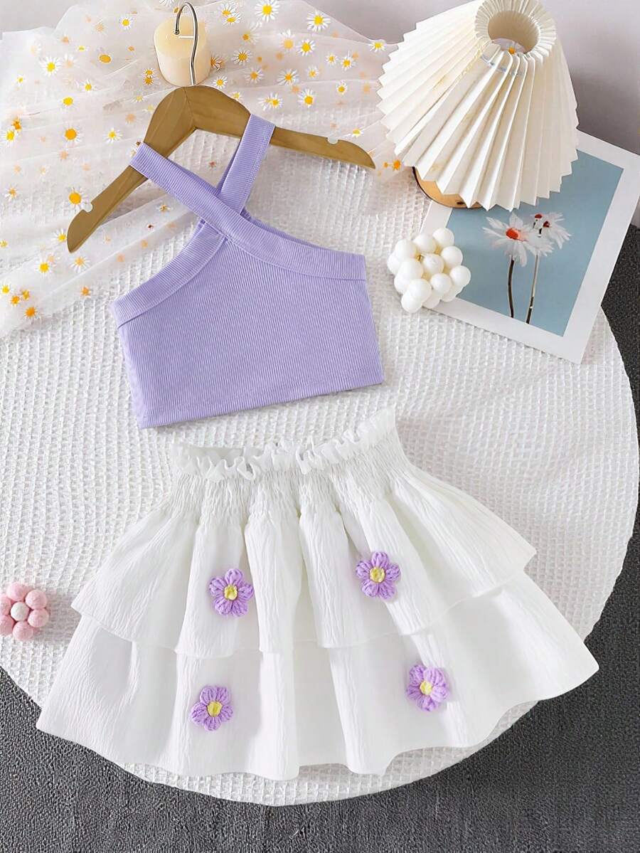 Girls' Ribbed Contrast Collar Purple Solid Color Camisole + Double-Layer White Skirt With 3D Floral Decor, Children Casual Cute 2-Piece Set, Spring/Summer - Lilac Purple - View 1