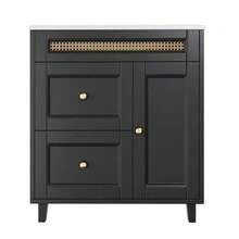 Freestanding Bathroom Vanity Unit 76x46x86.5cm, Double Silent Drawer Slides, Cabinet Doors With Soft-Close Function, Gold Handles And Rattan Decorations, Ceramic Washbasin, Black. - 黑色 - 查看 12