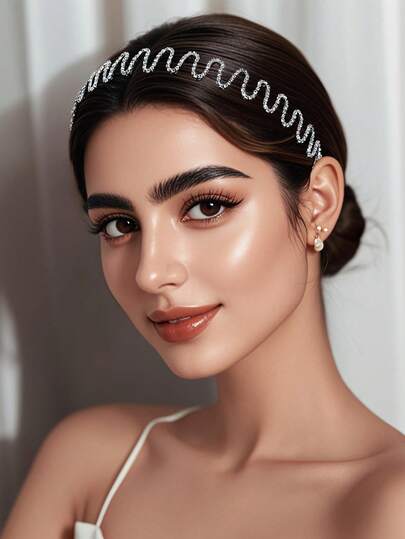1pc Shiny Silver Rhinestone Headband, Romantic Wavy Minimalist Princess Style, Suitable For Bride, Wedding, Engagement, Holiday Party, Daily Casual Wear For Women