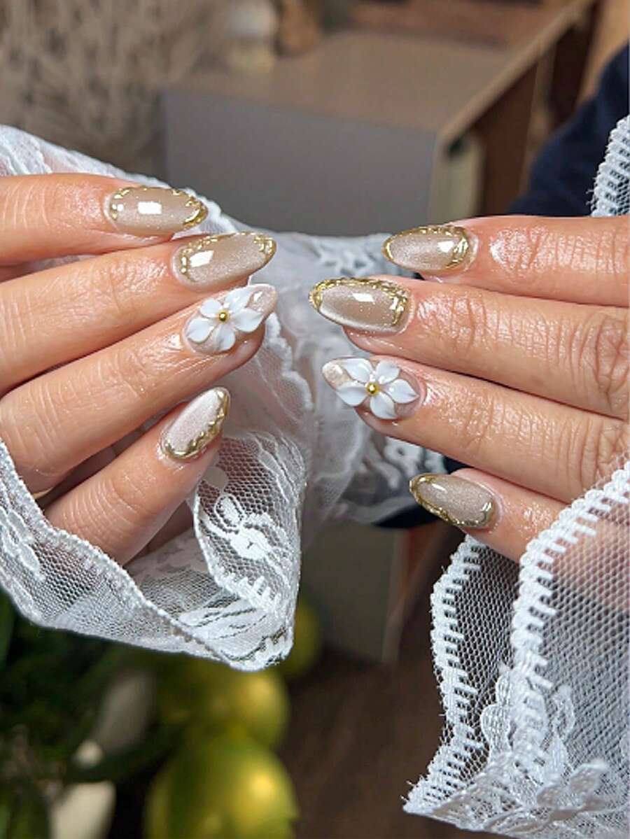 10片装3D立体花朵亚克力猫眼美甲贴纸，杏仁形，3D镀金钻石设计，闪亮Y2K风格全覆盖假指甲，适合女性和女孩日常佩戴