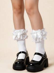 1 Pair White Sweet Lolita Ankle Socks With Double Lace Ruffle & Bowknot, Soft Cotton High Stretch, Frilly Princess Girly Style, Perfect For Lolita Fashion Cosplay Tea Party Daily Outfits - Multicolor - View 8