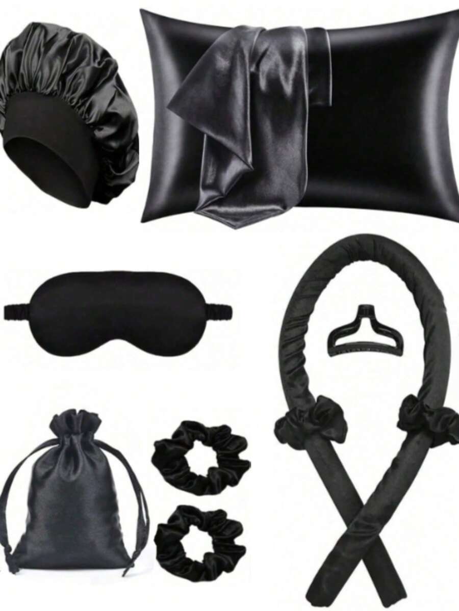 Bộ dụng cụ tạo kiểu tóc khi ngủ 10 món, bao gồm 1 máy uốn tóc và 1 vỏ gối lụa, bộ chăm sóc tóc và da thiết yếu dành cho phụ nữ, uốn tóc không cần nhiệt, uốn tóc qua đêm, 1 mặt nạ ngủ mềm mại, 1 mũ ngủ lụa, bộ dụng cụ chăm sóc giấc ngủ thiết yếu - màu đen - Xem 1