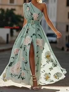 Women's Floral Print Green Flower Ruffle Hem A-Line Dress, Elegant Sleeveless Dress, Without Belt Vacation Summer - 綠色 - 查看 2