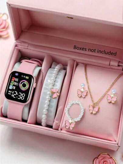 Bộ 6 món gồm đồng hồ điện tử LED kỹ thuật số thời trang thanh lịch dành cho bé gái, kèm vòng tay hình bướm, mặt dây chuyền, nhẫn và 1 đôi bông tai. Hoàn hảo cho mùa tựu trường, tiệc tùng, du lịch và cuộc sống hàng ngày. Quà tặng sinh nhật, tốt nghiệp, Ngày Valentine, Ngày của Mẹ, món quà lý tưởng dành cho bé gái.