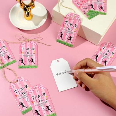 48pcs Paper Soccer Thank You Tags, Pink Soccer Gift Tags, Paper Hanging Tags, Sports Theme Birthday Party Favor Packaging Supplies, Gift Wrap Tags
