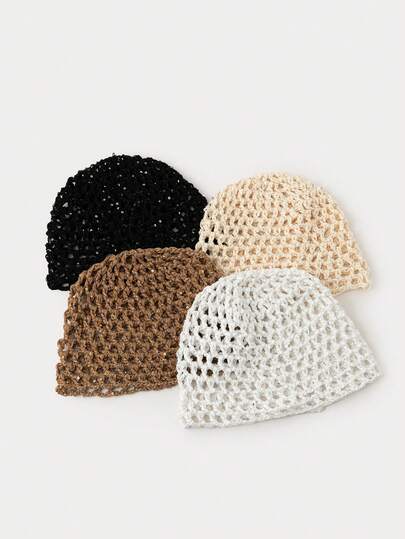 1pc Women's Fashionable Solid Color Versatile Hollow Sequin Crochet Hat, Suitable For Spring, Summer And Autumn Outfits