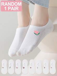 1/5双随机女士白色卡通动物、蝴蝶结、花朵图案硅胶防滑透气吸汗休闲浅口隐形船袜 - 彩色 - 查看 15