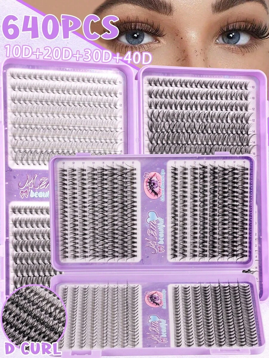 MEM 640 piezas Extensiones de pestañas individuales falsas con rizo D, mezcla de longitudes de 10-16 mm, pestañas falsas en segmentos de estilo mixto 10D 20D 30D 40D 50D 60D con rizo D para uso diario en casa, fácil de usar
