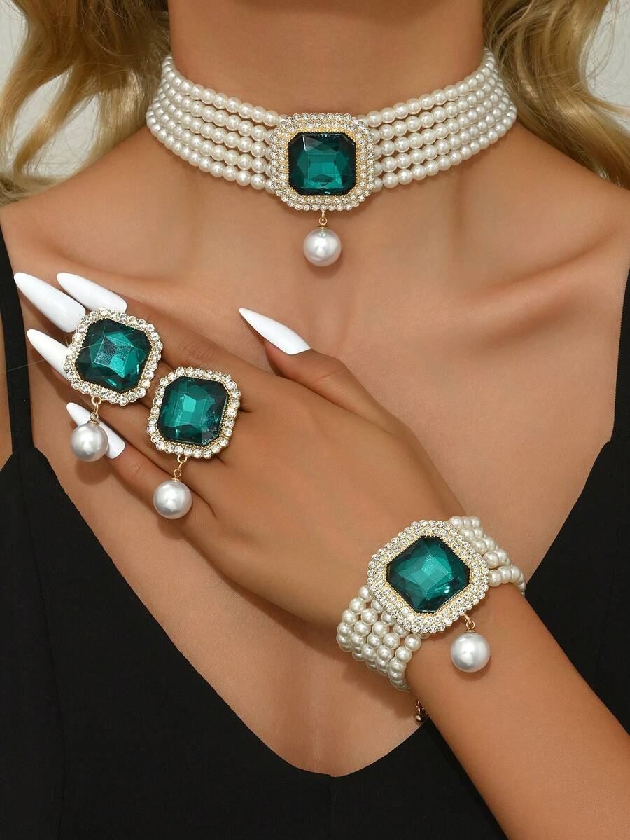 Bộ 4 món sang trọng, cầu kỳ, nhiều lớp đính ngọc trai giả, đá rhinestone và pha lê, gồm vòng cổ, bông tai và vòng tay, thích hợp làm quà tặng cho phụ nữ trong đám cưới, tiệc tùng và các dịp lễ. - Nhiều màu - Xem 1