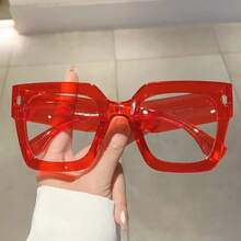 1pc Plastic Frame Big Square Transparent Fashion Clear Lens Glasses, Classic Design, Suitable For Both Men And Women, Modern Minimalist Style For Daily Life, Office, Reading, TV, And Mobile Phone - 紅色 - 查看 5