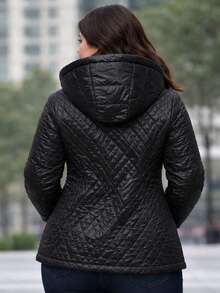 Chaqueta acolchada para mujer, chaqueta ligera con capucha, capucha desmontable, aislamiento con una fina capa de plumón sintético, cierre de cremallera, 2 bolsillos, largo hasta la cadera, estilo informal, primavera/otoño. - Negro - Ver 2