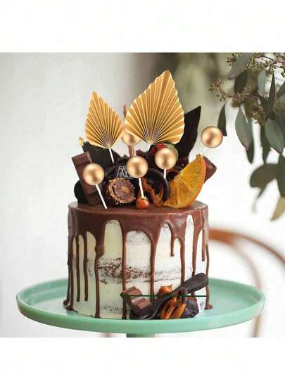 28pcs Or 2pcs Gold Sphere Cake Toppers, Paper Gold Palm Leaves Cake Decorations, Foam Ball Paper Imitation Palm Leaves Cake Decorations, Suitable For Birthday Cakes, Christening Cakes, Wedding Cakes, Retirement Party Cakes, Male/Female Theme Cakes, Gold Theme Cakes, Party Decorations