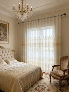 1pc European Luxury Curtain With Embroidered Leaf Design For Living Room, Balcony, And Bay Window - Gold - View 4