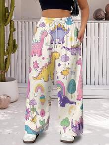 Women Summer Wide Leg Pants Cute Dinosaur Print Pants Rainbow Design Soft Comfortable Daily Wear Top Casual Style Gift Idea For Dino Lovers Large Size Boho Chic - Nhiều màu - Xem 2