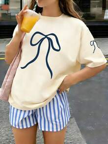 Tween Girl Butterfly Print T-Shirt, Soft And Comfortable Fabric, Suitable For Girls' Outdoor Sports, Daily Wear, Street Style, Campus Style, Fashionable Girls' Casual Versatile Top For Spring And Summer - Apricot - View 1