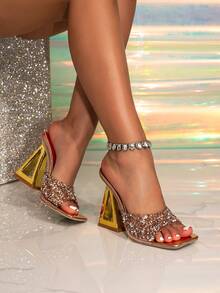 1 par de sandalias de tacón alto con punta cuadrada, tacón triangular y detalles de strass de piel sintética (PU) para mujer, adecuadas para todas las estaciones - Dorado - Ver 3