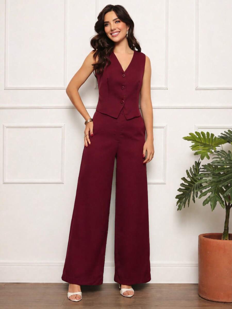 Tailored Suit Set: Vest With Dress Pants, Fashionable. - Màu Đỏ Sâu - Xem 1