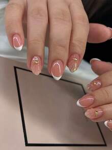 24片短款杏仁形法式3D美甲贴纸，带珍珠装饰，包含1瓶甲油胶和1把指甲锉，适合女性和女孩日常及派对使用。 - 彩色 - 查看 7