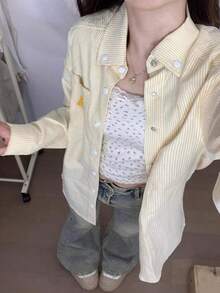 2024 New Vintage American Style Yellow Striped Embroidered Loose Fit Casual Jacket Tops For Early Autumn - Yellow - View 5