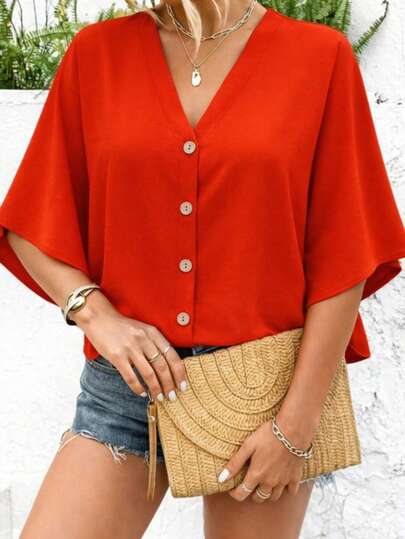 Woman Button Front Blouse – V Neck Batwing Sleeve Casual Chic Top