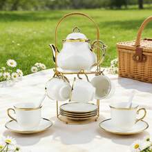 20-Piece Tea Cups Holder & Organizer, Gold Metal Rack For Coffee Cup, Spoon & Saucers, Porcelain Ceramic Tea Gift Set For 6 - Complete Serving Set With Organizer, Ultimate Gift For Tea Lovers, Perfect Mother's Day, Christmas & Housewarming - White - View 9