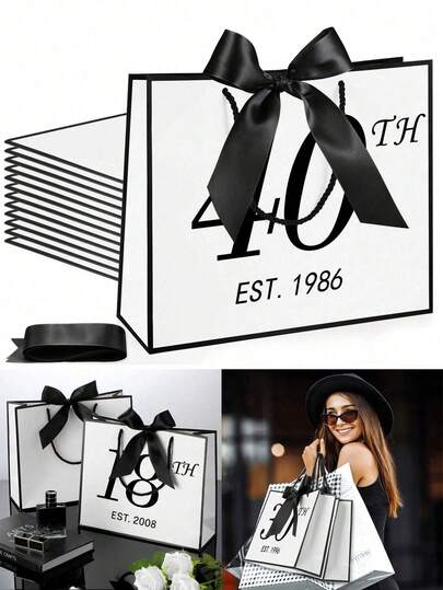 Presentpåse till 30/40/50/60/70-årsjubileum, elegant svart och guldfärgad papperspåse med rosett, lämplig för män och kvinnor, present till jubileumsfest, shoppingpåse, dekoration till 40-årsjubileumsfest