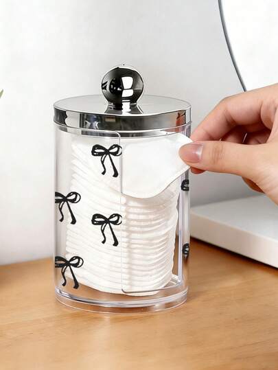 Black Bow Design Cotton Swab Storage Box, Cotton Swab Organizer, Cotton Swab And Dental Floss Container, Transparent Acrylic Makeup Cotton Pad Box, Makeup Brush Holder, Cosmetic Storage Box, Suitable For Home, Office, Desk, Cleaning Ball Storage Box, Bathroom Storage Jar, Transparent Jar, Suitable For Cotton Swabs, Balls, Cotton Pads, Dental Floss (Manual Measurement: 1-2cm Error Possible)