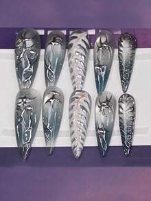 Ten-Piece Retro Gothic Punk Handmade Nail Art, 3D Hand-Painted False Nails, Luxurious High-End False Nails, Press-On False Nails For Spring, Summer, Autumn And Winter, Long Almond False Nails, Purely Handmade, Luxurious Retro False Nails, European And American Hot Girl False Nails, A Noble Gift For Ladies, Nail Art Art, Reusable False Nails, Suitable For Girls And Ladies To Wear To Parties And Everyday Wear. - Multicolor - View 4
