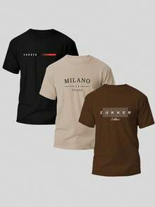ZUKKER Set Of 3 Men's T-Shirts, 100% Premium Cotton, 30.1 Yarn, Comfortable Crew Neck Shirt - Special Offer - 黑色/米色/棕色 - 查看 1