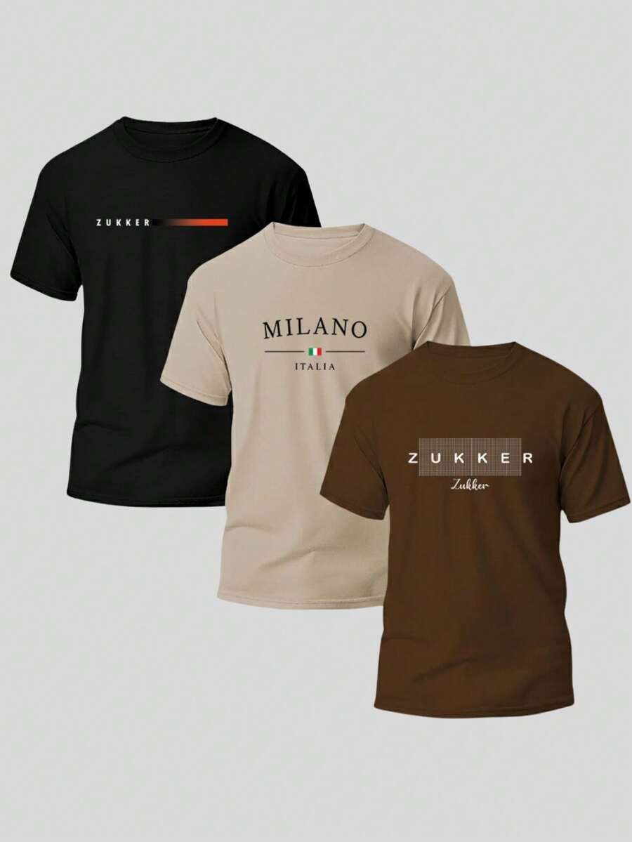 ZUKKER Set Of 3 Men's T-Shirts, 100% Premium Cotton, 30.1 Yarn, Comfortable Crew Neck Shirt - Special Offer - 黑色/米色/棕色 - 查看 1