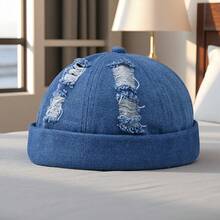 Fashionable Water-Washed Denim Frayed Brimless Hat, A Comfortable And Versatile Everyday Cap, A Cool Hip-Hop Hat - Black - View 3