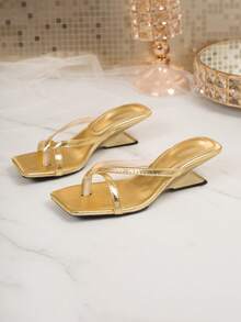 Women's High Heel Sandals, Solid Color Square Toe, Comfortable Flip Flops, Casual Elegant Party Wear, Black Color Dress Toe Loop Slippers - Gold - View 6