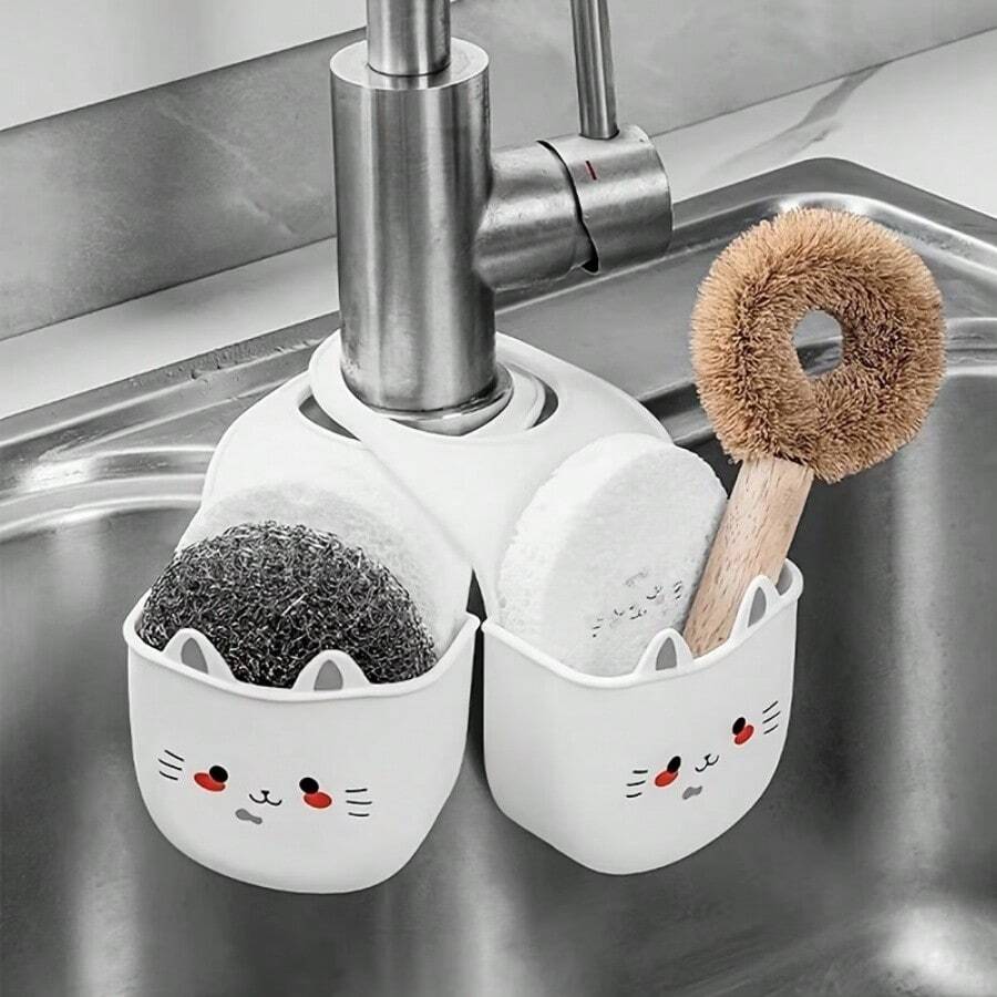 1 pièce Porte-savon de cuisine/salle de bain multifonctionnel en forme de chat mignon en silicone avec panier-filtre à résidus alimentaires, panier d'évier, support de plante de cuisine, panier de vidange de robinet, panier de vidange amovible, support de rangement de cuisine, support d'égouttage d'éponge, support d'égouttage de torchon. Avec fond amovible, facile à installer et à démonter, convient aux cuisines modernes. Cadeau idéal pour Pâques, la Saint-Valentin et les anniversaires.