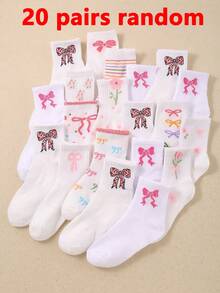 20双装儿童透气中筒袜，蝴蝶结、花朵、郁金香、爱心提花图案，洛丽塔公主风，3D立体花卉设计，柔软亲肤，适合1-16岁儿童，是夏季旅行和开学季的理想之选。 - 彩色 - 查看 16